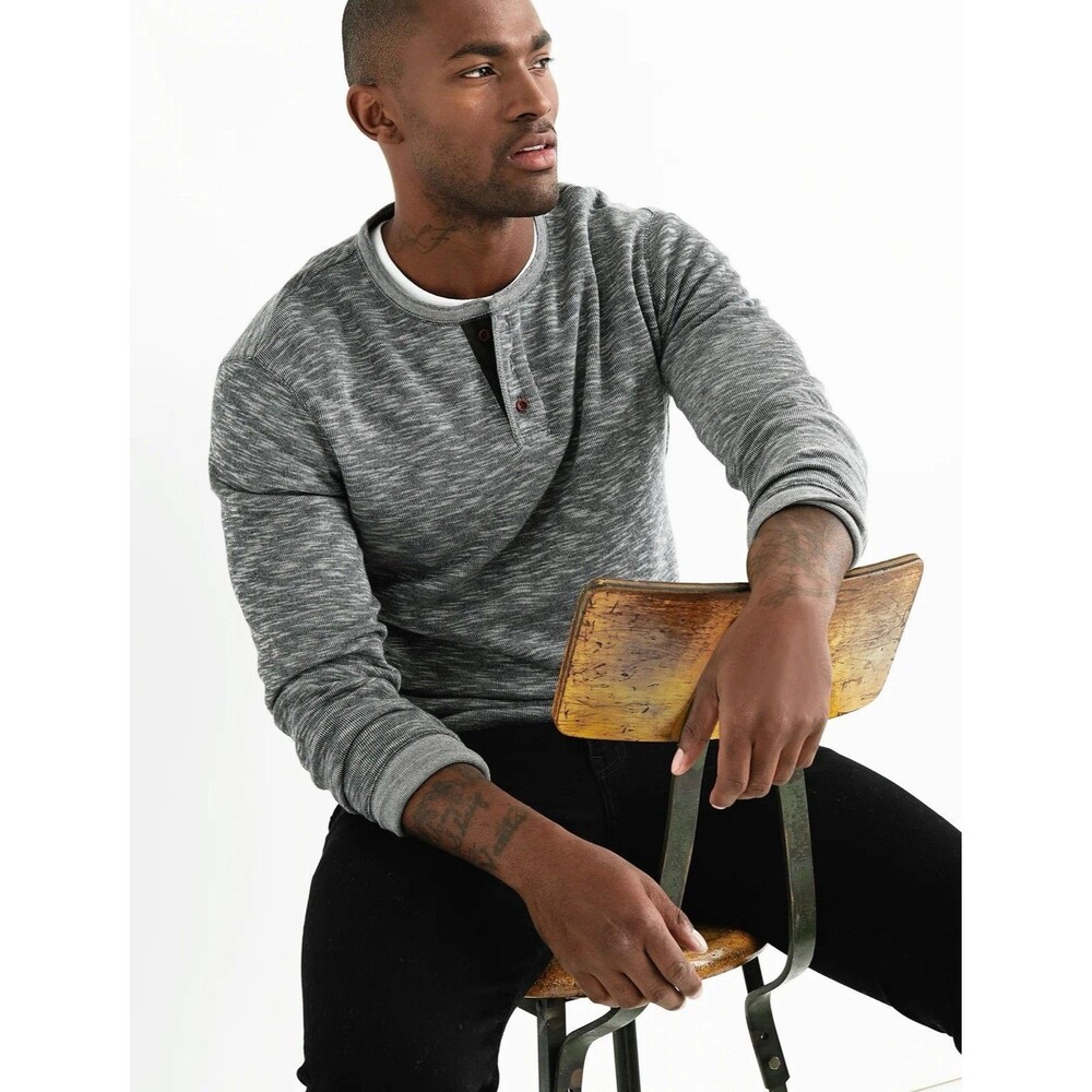 Lucky Brand  Mens L  Double Knit Henley Heather Gray Cotton Thermal Shirt